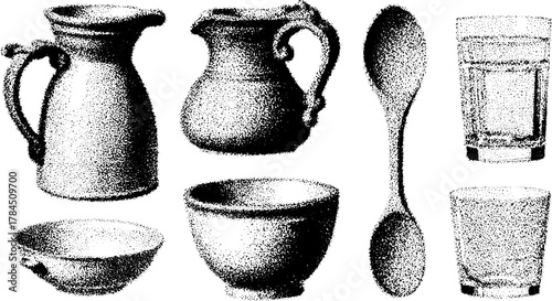 Set of pottery items, including jug, cup, bowl, spoon, and glass. Simple black design showcased in this vector illustration.
