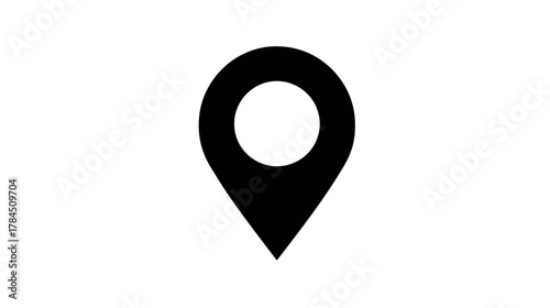 Black location pin icon, GPS map marker, navigation symbol, pinpoint address, destination pointer on white background