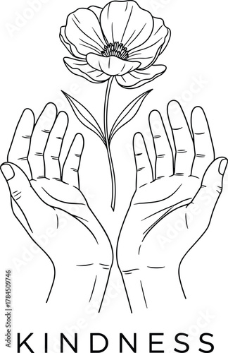 Minimalist kindness illustration, flower in hands, black and white line art, compassion concept, nature and humanity, peaceful symbolic drawing