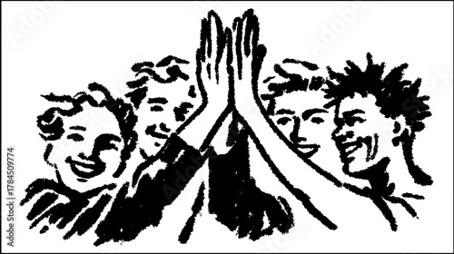 Group of people smiling and giving high fives in a simple style. Modern vector illustration showcasing togetherness and support.