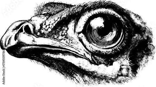 Frog head illustration in black and white. Detailed vintage artwork, showcasing its texture and anatomy as a vector illustration.