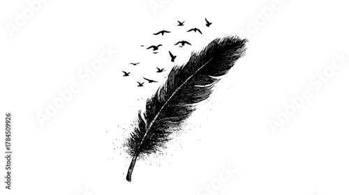 Black feather with birds flying away, freedom and lightness concept. Elegant grunge illustration on white.