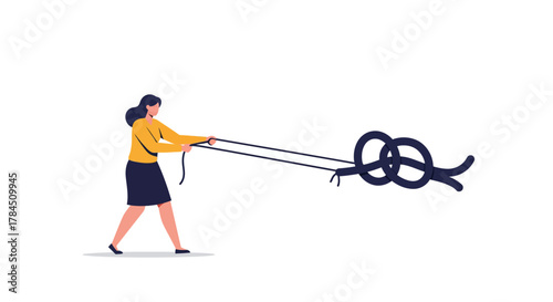 Woman pulling rope with knot, focused on the main subject.