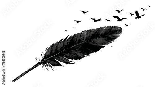 Elegant black feather with flock of flying birds. Symbol of freedom, imagination, journey, and aspiration. Abstract design.