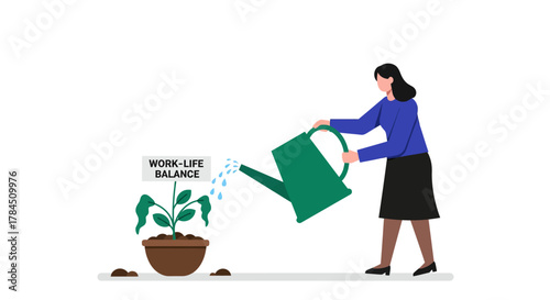 Woman nurturing work-life balance with watering can.