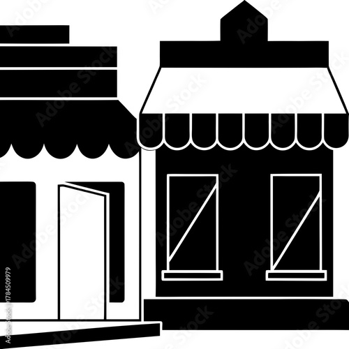 Two storefronts with awnings and an open door silhouette isolated on white background