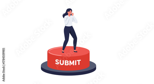 Woman standing on a large red submit button.