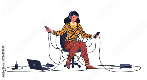 Woman sitting in a chair completely entangled in wires from electronic devices.
