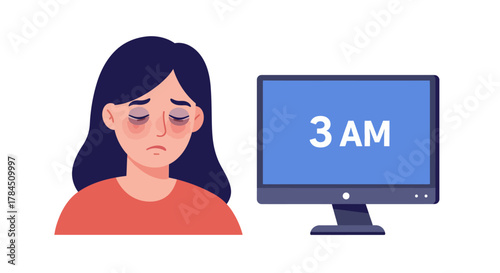 Woman with dark circles under eyes working late.