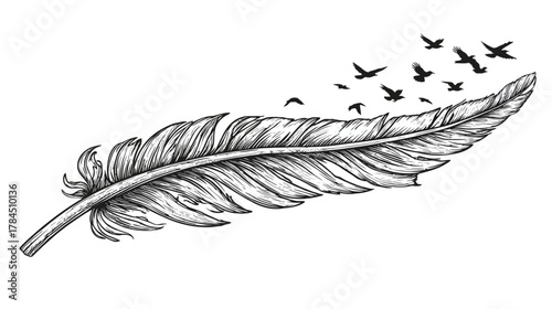 Hand-drawn sketch of a feather with flying birds, symbolizing freedom, lightness, and nature's flight in monochrome illustration.