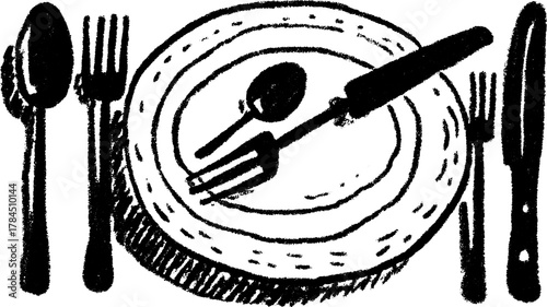 Plate with a fork, spoon, and knife. Simple black and white sketch-style vector illustration of dining cutlery set.