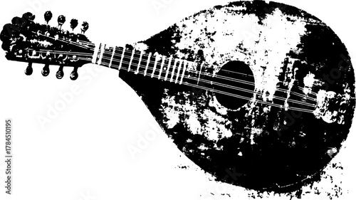 Mandolin illustration featuring a simple black and white graphic design. Vintage vector set emphasizing traditional craftsmanship and artistic texture.