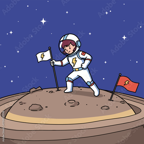 Astronaut Planting Flags on a Distant Planet Illustration.