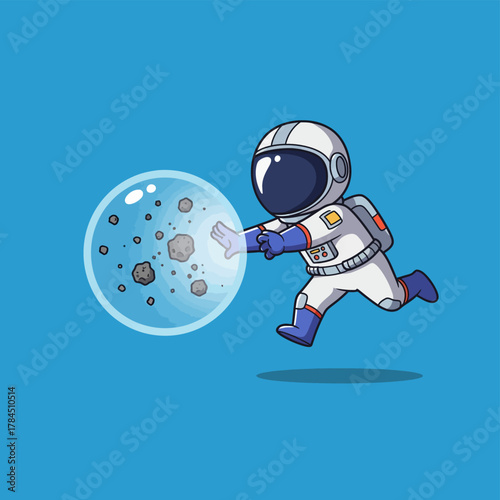 Astronaut Protecting Earth with Energy Shield Against Asteroids.