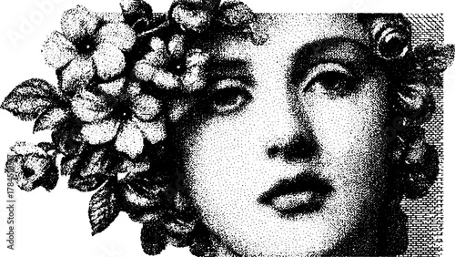 Engraved portrait of a woman with flowers. Antique black vector illustration with fine details and stipple shading in a vintage format.