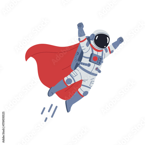 Astronaut Superhero Flying Through Space with Red Cape.