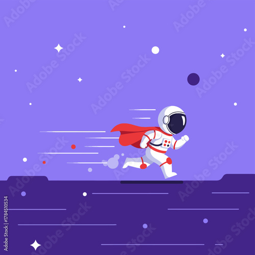 Astronaut Superhero Running on Alien Planet Surface Illustration.