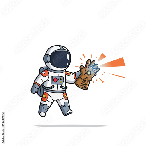 Astronaut wielding Infinity Gauntlet with cosmic power.