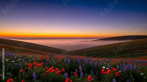 Vibrant Wildflowers Bloom in Rolling Hills During a Misty Sunrise.