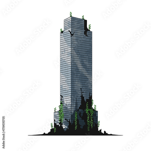 Abandoned skyscraper overgrown with vines symbolizes urban decay and environmental recovery.