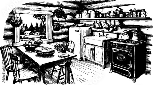 Kitchen engraving featuring a detailed interior with vintage furniture. This hand-drawn vector illustration portrays a cozy and traditional set.