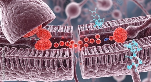 Detailed illustration of a biological membrane showing molecular interactions and transport processes at the cellular level