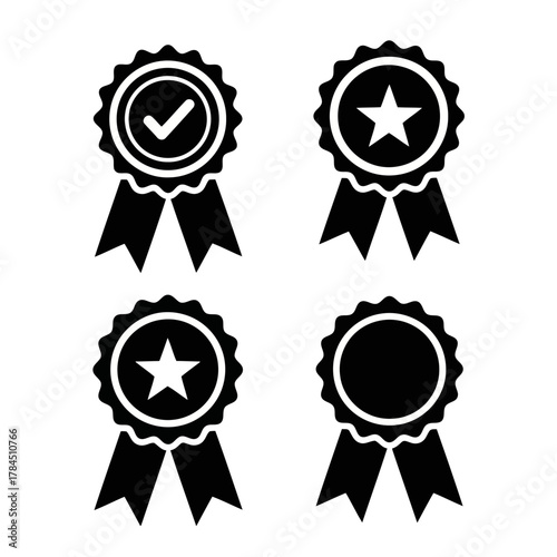 Vector art of collection of four award badge icons with check mark, star and blank symbol vector illustration of quality guarantee label set