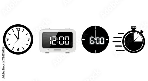 Vector art of collection of clock icons showing different times