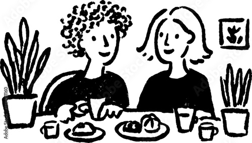 Friends having lunch. A pleasant meal for two people in line row style.