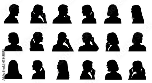 Vector art of collection of people profile silhouette diverse men and women in various poses, vector illustration for design