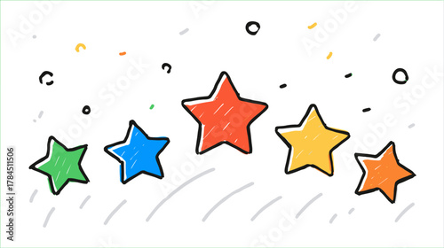 Colorful hand-drawn five stars doodle with celebration confetti. Concept of quality rating, customer review, success, or achievement.