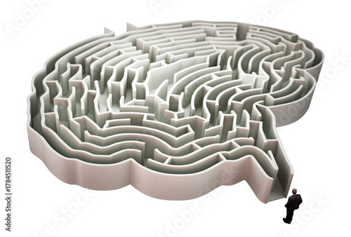 Businessman standing at the entrance of brain shaped maze isolated on transparent background 3D illustration