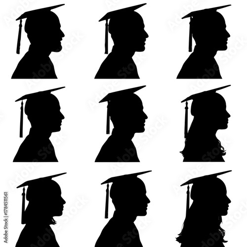 Vector art of silhouette of diverse graduates with graduation caps, representing academic achievement, education, and commencement ceremonies