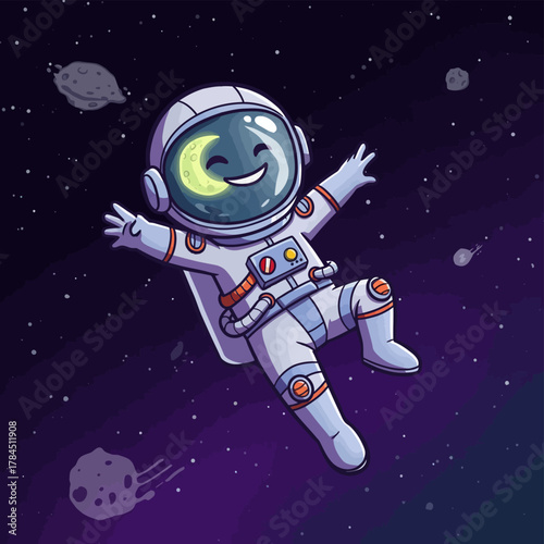 Cartoon Astronaut Floating in Space with Smiling Moon Reflection.