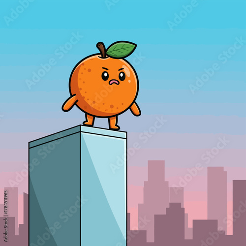 Cartoon Orange Character on Skyscraper with Angry Expression.