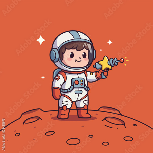 Cartoon Astronaut Exploring Mars with a Star-Shaped Ray Gun.