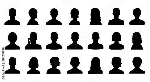 Vector art of collection of diverse head silhouettes, representing various genders, ages, and hairstyles for user profile or social media avatars