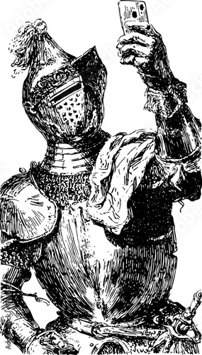 Knight in vintage engravings holding a phone. This black outline drawing is a vector illustration blending historical and modern themes in a set.