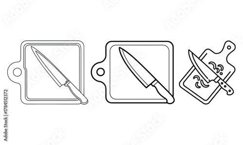 Chef knife and cutting board outline vector icons for kitchen and cooking app