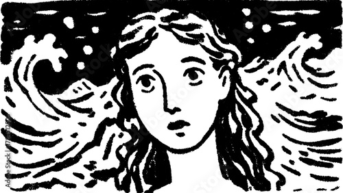 Silhouette of a female figure with flowing hair against stylized waves. A hand-drawn vector illustration captures movement and expression.