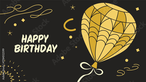Elegant vector “Happy Birthday” illustration featuring 3D realistic golden air balloons floating on a deep black background, paired with shimmering glitter confetti and stylish typography for a luxury