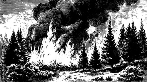 Fire and smoke rising from a burning forest. Engraved vector illustration depicting a vintage line drawing of nature in a dramatic landscape.
