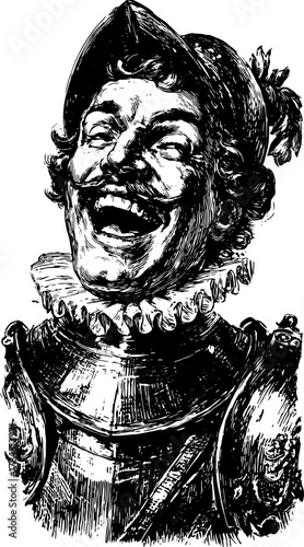Laughing knight character in vintage illustration style. Black and white engraving art with humorous details, vector illustration.