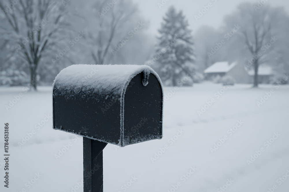 Naklejka premium Snow-Covered Mailbox in Winter with Snowy Trees