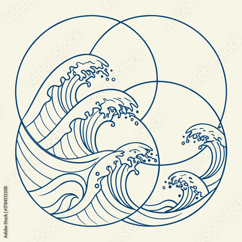 Three overlapping circles containing stylized ocean waves, creating a dynamic and interconnected design