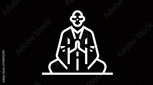 Minimalist line art icon of a person meditating in a cross-legged position with hands clasped, symbolizing peace, mindfulness, and spiritual well-being.