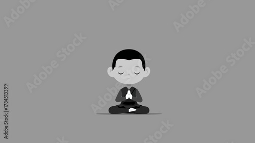 Calm cartoon character meditating in lotus position, symbolizing peace, mindfulness, and spiritual well-being.