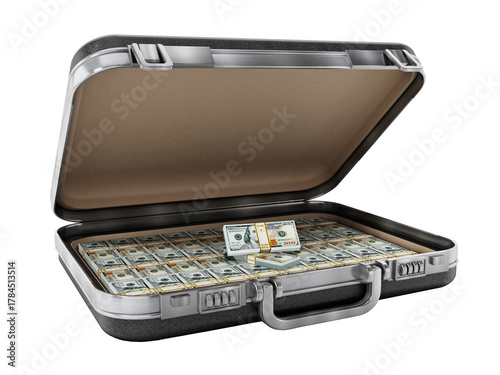 Open classic briefcase full of money isolated on transparent background. 3D illustration