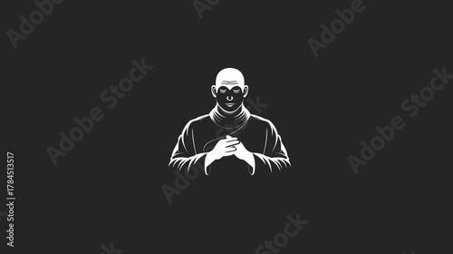 Serene minimalist illustration of a bald spiritual figure meditating with clasped hands, symbolizing wisdom and inner peace