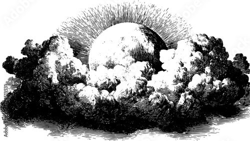 Vintage line drawing of clouds surrounding the sun. This black and white vector illustration features detailed shading, perfect for artistic projects.